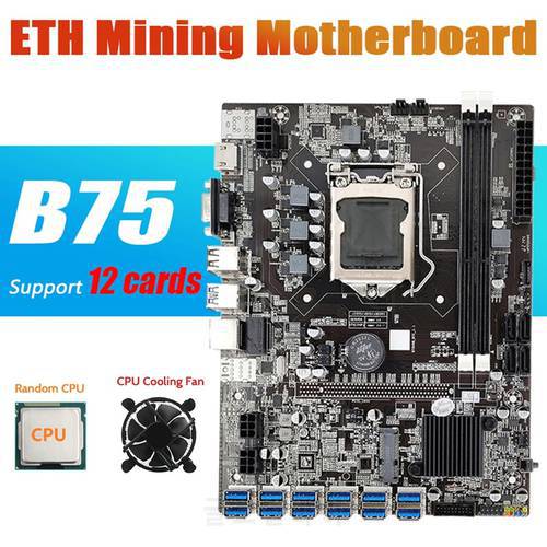 HOT-B75 ETH Mining Motherboard 12 PCIE To USB Adapter+CPU+Cooling Fan LGA1155 MSATA DDR3 B75 USB BTC Miner Motherboard