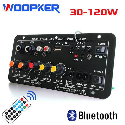 Woopker Bluetooth Audio Amplifier Board 120W Subwoofer Dual Microphone AMP Module for 4 ohms 8-12 inch Speaker 12/24V 110/220V