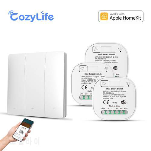 WiFi & RF433 Mini Switch Module 16A Compatible with HomeKit Alexa SmartThings Alice，2 Way Control Light Switches Timed ON / OFF