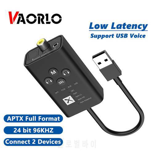 VAORLO APTX Transmitter Support 24 Bit 96KHZ USB Plug and Play Connect 2 Devices Qualcomm 5.2 Low Latency Support Calling For TV