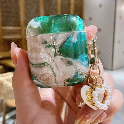 Dreamy Green Emerald Marble Shell Headset Box for apple AirPods 2 /1 Earphone Case for AirPods Pro Cover Cute Pearl Keychain