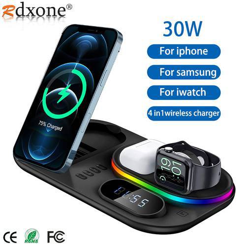 30W Fast Wireless Charger 4 in 1 Qi Charging With Digital Clock and Night Light For iPhone 14 13 12 Apple Watch 8 7 6 /AirPods