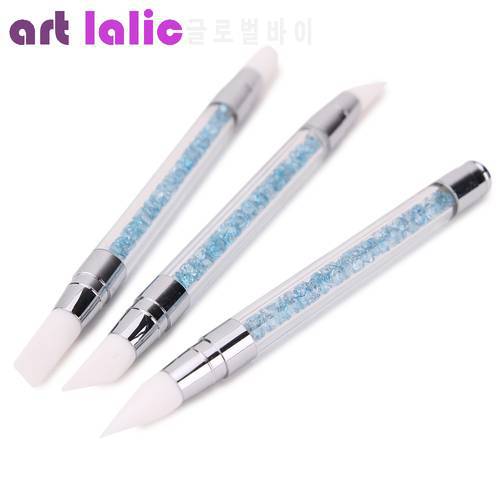 3 Pcs Two Ways Nail Art Pen Blue Rhinestones Design Carving Silicone Nail Brushes Manicure Tools Wholesale