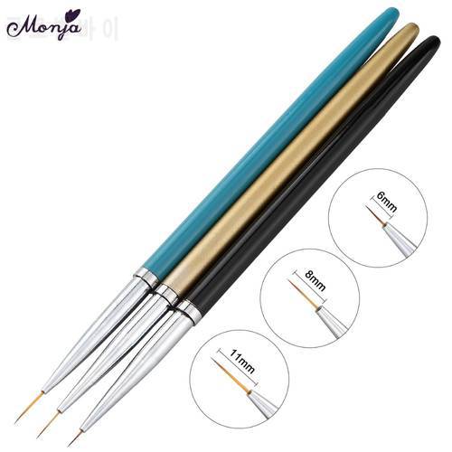 Monja 3pcs 6/8/11mm Nail Art Metal French Stripes Lines Flower Painting Drawing Liner Brush Pen Manicure Tools Kit