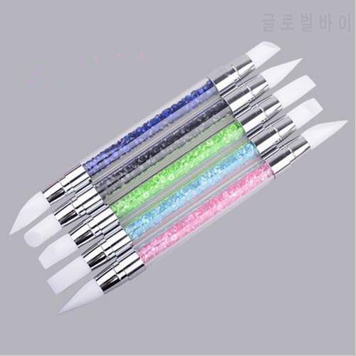 2 Way Rhinestone Crystal Nail Art Brush Pen Silicone Carving Emboss Shaping Hollow Sculpture Acrylic Manicure Dotting Tools Deco