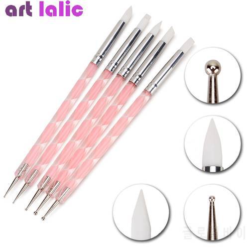 5Pcs 2 Way Nail Art Acrylic Silicone Point Flower Nail Pen Stainless Steel Dotting Tools Marbleizing Painting Pens