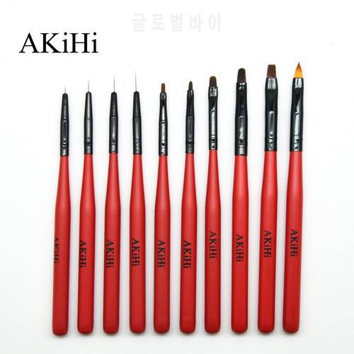 AKiHI Nail Art Painting Draw Brush with Metal Cap Professional Acrylic UV Gel Nail Polish Manicure Pen Liner Flat Round