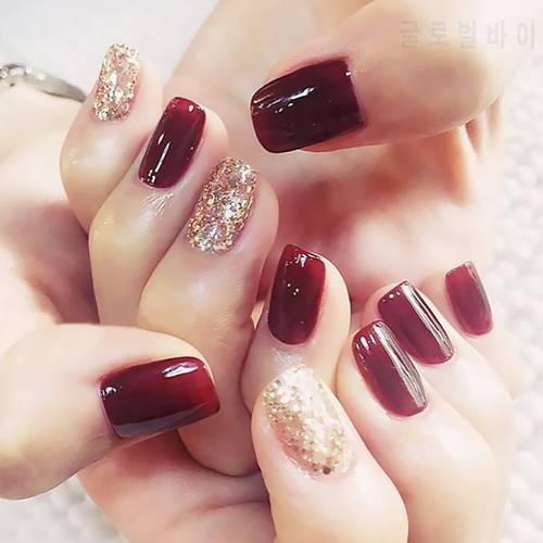 Gorgeous Women Nail Art tools 24pcs/set Red Gold Cady Glitter Color Fake Nails With Glue Short Full Nail Tips Hybrid Nail TY