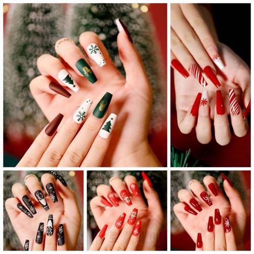 24pcs Christmas Fake Nails Set Press on With Designs Acrylic Full Cover Tips Artifical Long Coffin False Nails Art Women Gift