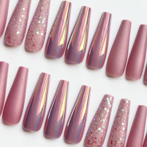 24/30Pcs French False Nails with Pink Leopard Designs Long Coffin Fake Nails Artificial Full Cover Nail Art Tips Press on Nail