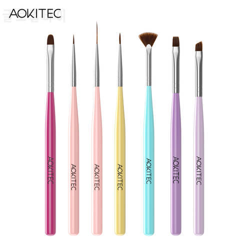 Aokitec 7Pcs Nail Art Brushes Set Functional Gel Nail Fan Bevel Brush Drawing Painting Line Pen for Nail Design Manicure Tool