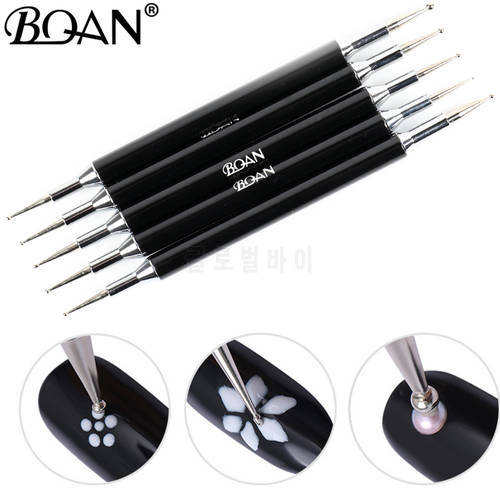 BQAN 5Pcs Marbling Dotting Pen Brush Double-ended Metal Dot Flower Pen Nail Brush Nail Art Tool Set for UV Gel DIY