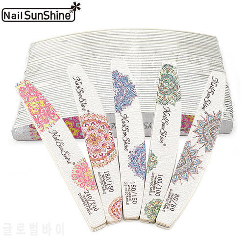 50 Pcs Half Moon Wood Nail Files 100/150/180/240 Thick Strong Sandpaper Carpet Flower Nails File Manicure UV Gel Polisher Tools