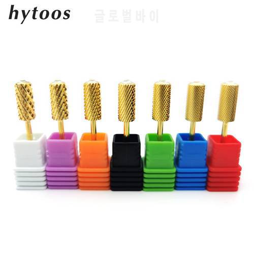 HYTOOS Gold Color Barrel Nail Drill Bits with Diamond Manicure Tungsten Carbide Burr Nail Accessories Gel Removal Milling Cutter