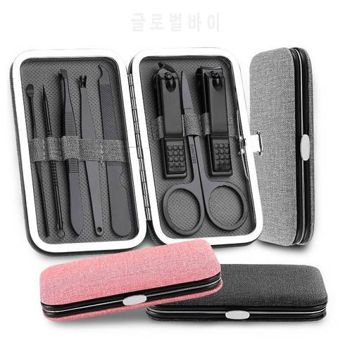 8 PCS Nail Clipper Kit Black Pink Stainless Steel High Hardness Curve Edge Nail Cutter Scissor Tweezer Manicure Pedicure Tools
