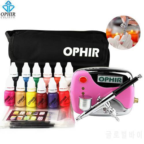 OPHIR Nail Art Tool 0.3mm Airbrush Kit with Air Compressor for Nail Art Airbrushing Stencil & Bag & Cleaning Brush Set_OP-NA001P
