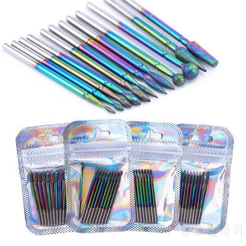 10pcs Rainbow Diamond Burr Milling Cutter Nail Drill Bits Set Coating Carbide Cuticle Clean for Electric Manicure Pedicure