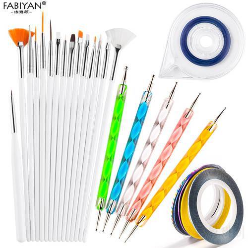 Set 15 Brush + 5 Dotting Pen + 5 Rolls Tape Striping Line Tips + 1 Case Holder Nail Art Gel UV Polish Drawing Manicure Tools