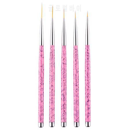 5Pcs Nail Art Liner Brush Drawing Flower Pen Marble Pattern Pink Handle UV Gel Polish Manicure Tools Set 7/9/11/15/20mm