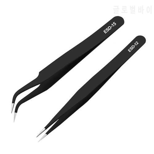 2Pc Nails Art Stainless Steel Curved Straight Black Tweezer for 3D Sticker Rhinestones Nipper Picking manicure Tool Sequins Bead