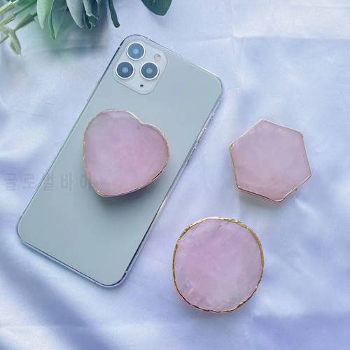 1pc Natural Rose Quartz Phone Holder Support Heart Shape Rock Pink Crystal Fold Desktop Bracket Smartphone Finger Stand Decor