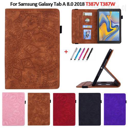 Embossed PU Leather Stand Wallet Tablet Cover for Samsung Galaxy Tab A 8.0 2018 T387 SM-T387V SM-T387W Case Coque+Pen