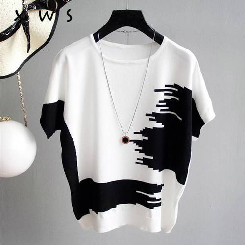 Summer Women Sweater Pullover thin Rib Knitted pull femme Tops patchwork o Neck Essential Jumper Short Sleeve sueters de mujer