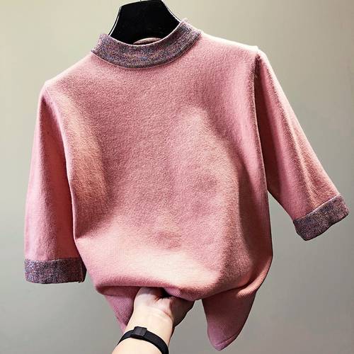 Fashion loose half sleeve knitted sweater women turtleneck patchwork Pullovers 2022 spring autumn tops