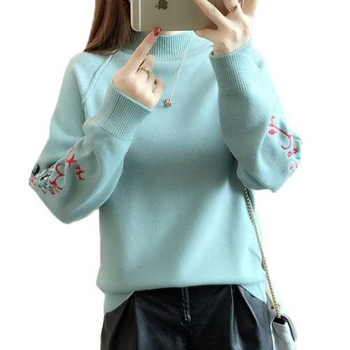 Embroidery Half Turtleneck Pullovers Sweater Women 2020 Autumn Winter Women Jumper Knitted Bottoming Sweaters Femme Tops AA400