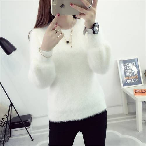 Women Candy Colors Sweaters Fashion Autumn Winter Warm Mohair O-Neck Pullover Long Sleeve Casual Sweater Knitted Tops NS8924
