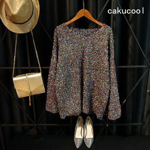 Cakucool Gold Lurex Knit Tops Women Long Flare Sleeve V-Neck Autumn Jumpers Silver Furry Loose Knit Pulloer Sweater Jumper Women