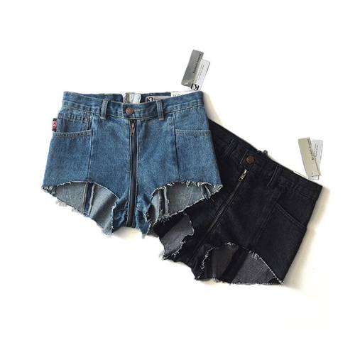 Female Ripped Fringe Blue Full Zipper At Crotch Denim Shorts Women Avant-Garde Pocket Jeans Shorts Summer Hot SHort