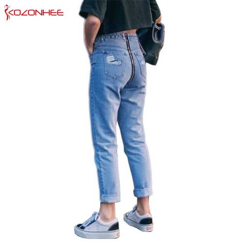 Spring Back zipper Jeans Women With Low waist Torn Holes Torn Jeans Ripped Straight Jeans For Girls 677