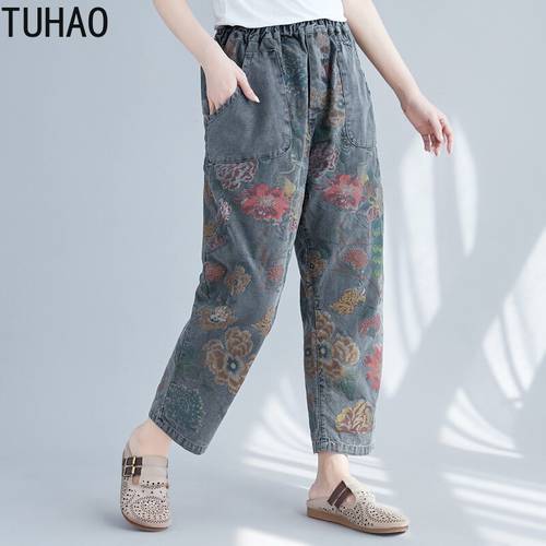 TUHAO Female Summer Washed PRINT Jeans Cowboy Cotton Calf Length Crotch Loose Retro Print Jeans Women Trousers LLJ