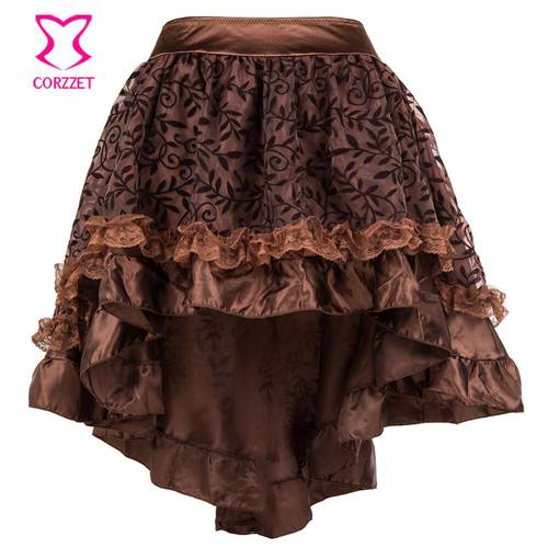 s-6XL Brown Asymmetrical Floral Tulle Ruffled Satin & Lace Trim Gothic Skirts Womens Vintage Steampunk Clothing Victorian Skirt