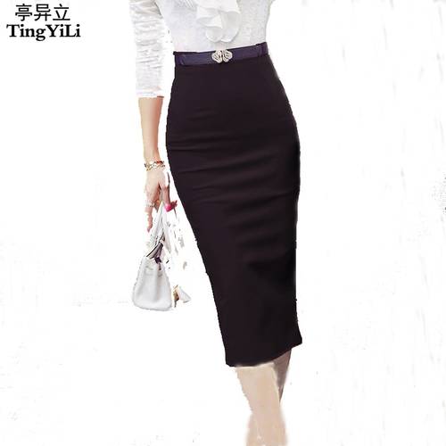 TingYiLi High Waist Black Red Long Pencil Skirt Office Ladies Maxi Formal Skirt Elegant Women Long Skirts Slit