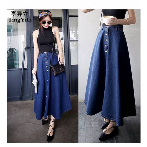 TingYiLi Button Front Long Denim Skirt Jeans Saias A Line Casual Maxi Skirt With Pockets Women Summer Style Jean Skirt Long