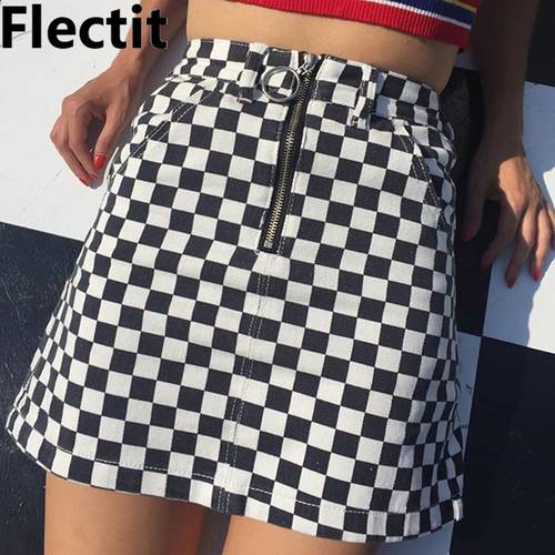 Flectit Black & White Checkered Skirt Women Above Knee O-Ring Zipper Plaid Mini Skirt e-Girl HARAJUKU Apex Skirt Fit Small Size