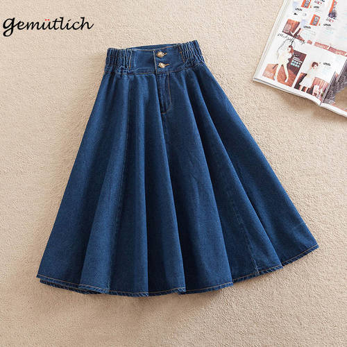 GEMUTLICH S-9XL Women Denim Skirt A-Lined Loose Wide Flare Elastic Waist Vintage Long Skirt Over Size