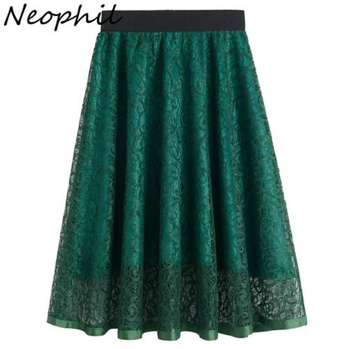 Neophil 2022 Summer Ladies Embroidery Lace High Waist Pleated Midi Skirts Womens Vintage Elegant Black Pleated Tulle Saias S0601