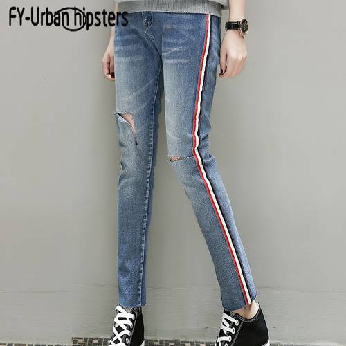 Stripes Denim Jeans For Women hole ripped Denim Trouser Straight Pants Blue Side Striped Jeans Women