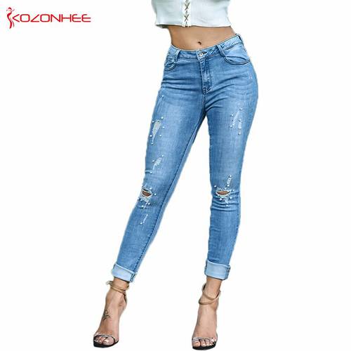 Hole Embroidered Flares Stretch Jeans Women Elasticity Tight Skinny Ripped Pencil Women Jeans 32