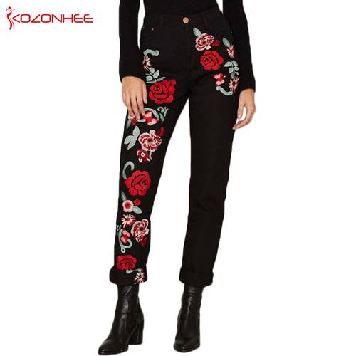 Women Black Straight High Waist Roses Jeans With Embroidery Pencils Blue Denim Pants Casual Fashion Jeans For Girls
