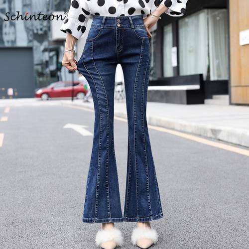 Schinteon Chinese Size Women Denim Flare Pants Slim Patchwork High Waist Elasticity Pants Female Trousers Jeans Size 38 40
