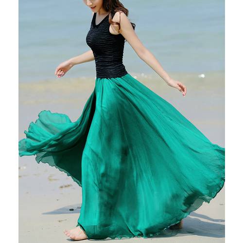 Elegant Solid Chiffon Flowy Long Skirt Summer Women French Goddess Style Beach Holiday Purple Bohemian Maxi High Waist Skirt