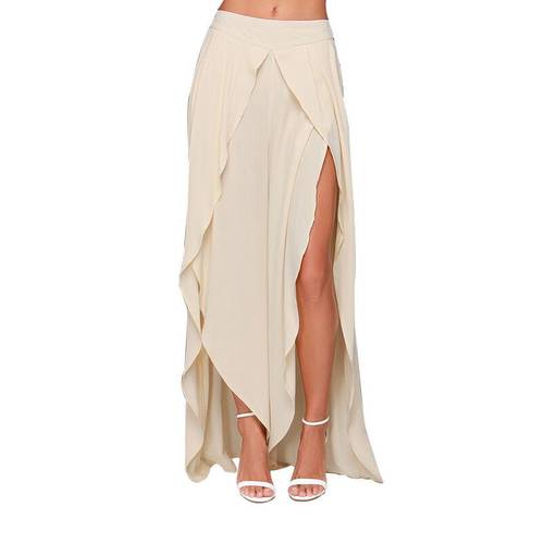 Queechalle Summer Skirts Female Bohemian Long Skirt Women Asymmetrical Empire Waist Dovetail Skirt Solid Beige Chiffon Skirt