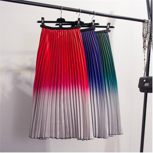 Qooth Summer Gradient Color Skirt High-waisted Striped Pleated Skirts Women Casual Midi Long Skirts Streetwear QH1794