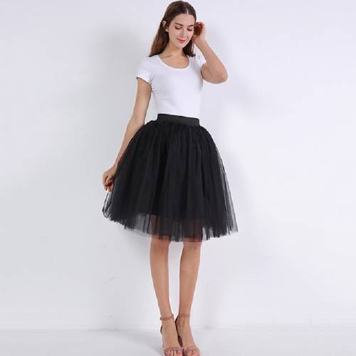 5 layers 60cm Tulle Skirts Womens Black Gray White Adult Tulle Skirt Elastic High Waist Pleated Midi Skirt
