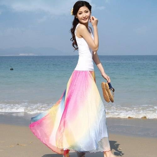 TingYiLi Colorful Rainbow Boho Skirt Elegant Red Green Blue Long Skirt Summer Beach Big Swing Women Skirt