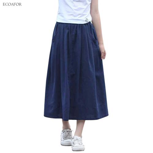5 Pure Color Bohemian Style Cotton Linen Skirts Womens Brand Casual Beach Falda Elastic Waist Pocket Mid-calf Pleated Skirt